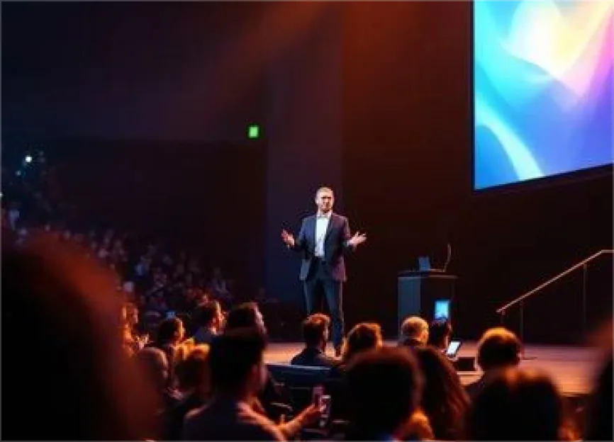 A speaker presenting on stage to a large audience